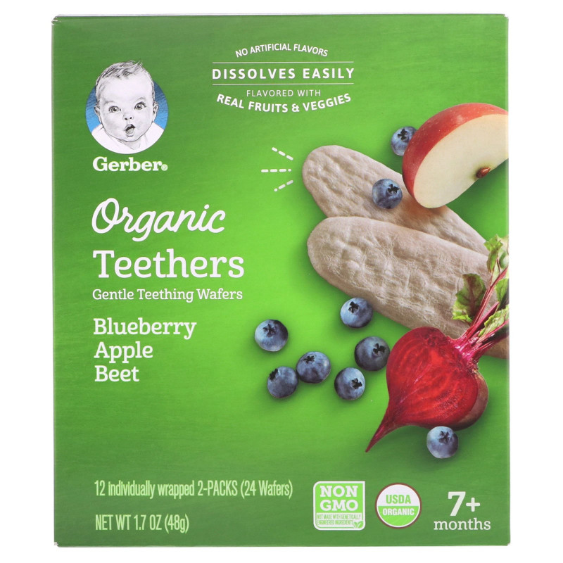 Gerber, Organic Teethers, Gentle Teething Wafers, 7+ Months, Blueberry Apple Beet, 1.7 oz (48 g)