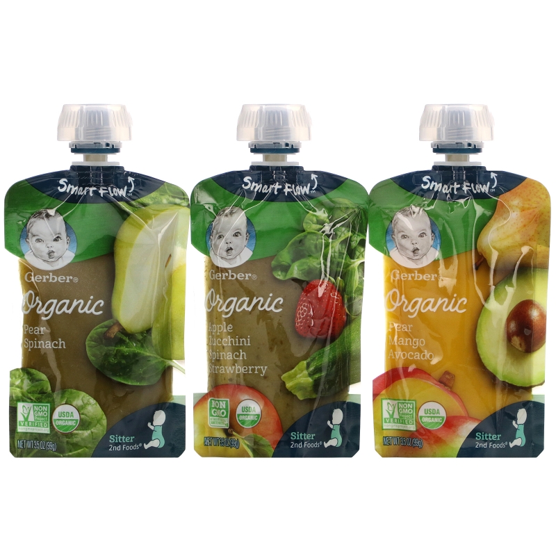 Gerber, Organic Variety Pack, Pear Spinach, Pear Mango Avocado, Apple Zucchini Spinach Strawberry, 9 Pouches, 3.5 oz (99 g) Each