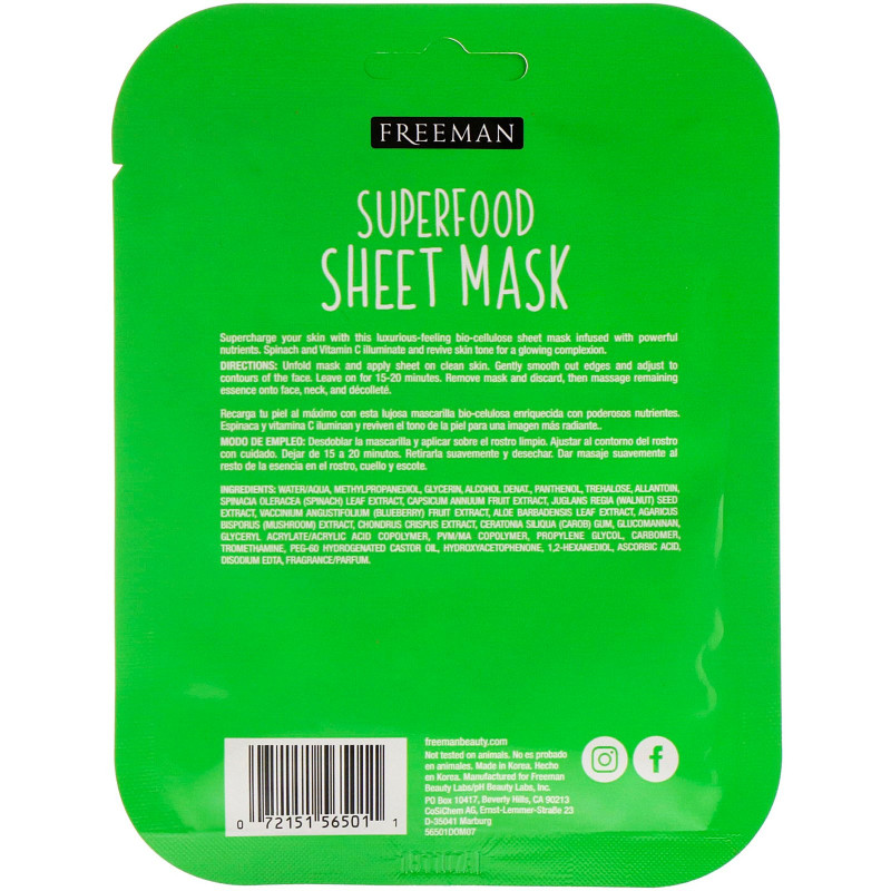 Freeman Beauty, Тканевая маска с суперфудом, осветляющий шпинат, 1 маска