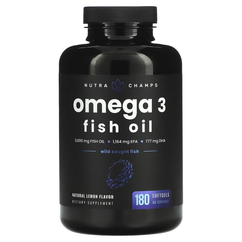 NutraChamps, Omega 3 Fish Oil, Natural Lemon, 1,200 mg, 180 Softgels