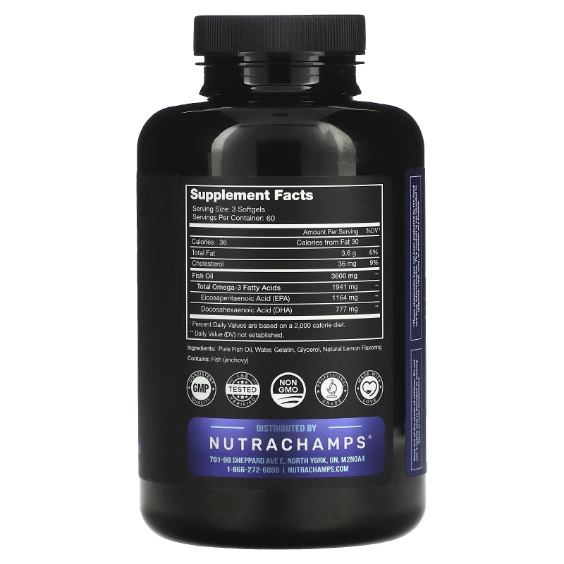 NutraChamps, Omega 3 Fish Oil, Natural Lemon, 1,200 mg, 180 Softgels