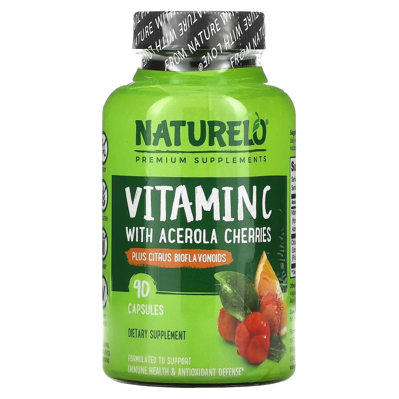 NATURELO, Vitamin C, Acerola Cherry Extract with Citrus Bioflavonoids, 90 Time Release Capsules