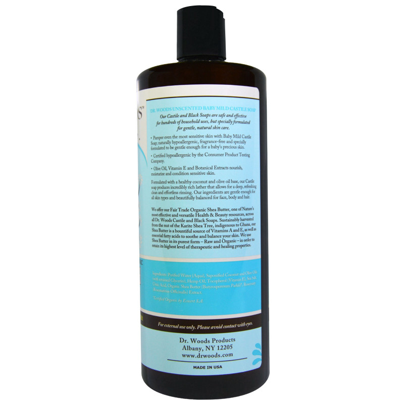 Dr. Woods "Взгляд ши"  Мягкое кастильское мыло для детей, для увлажнения кожи и гипоаллергенное, без запаха 32 жидких унции (946 мл)