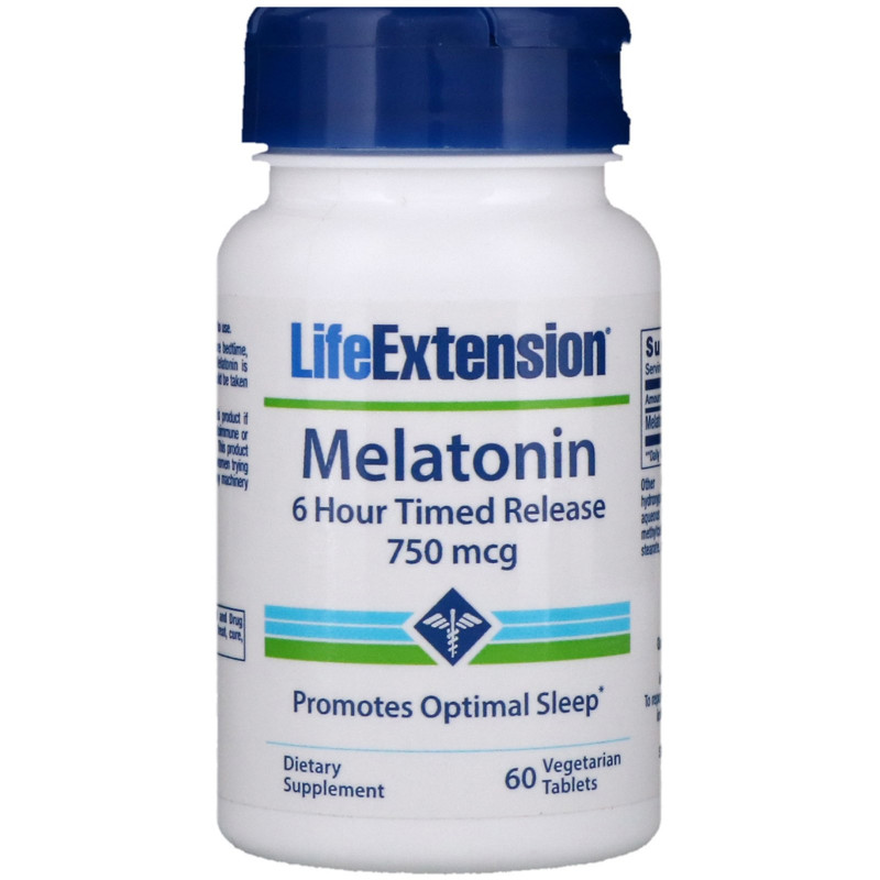 Life Extension Мелатонин 6-часовое высвобождение 750 мкг 60 растительных таблеток