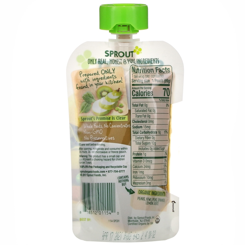Sprout Organic, Organic Baby Food, 6 Months & Up, Pear Kiwi Peas Spinach, 3.5 oz (99 g)