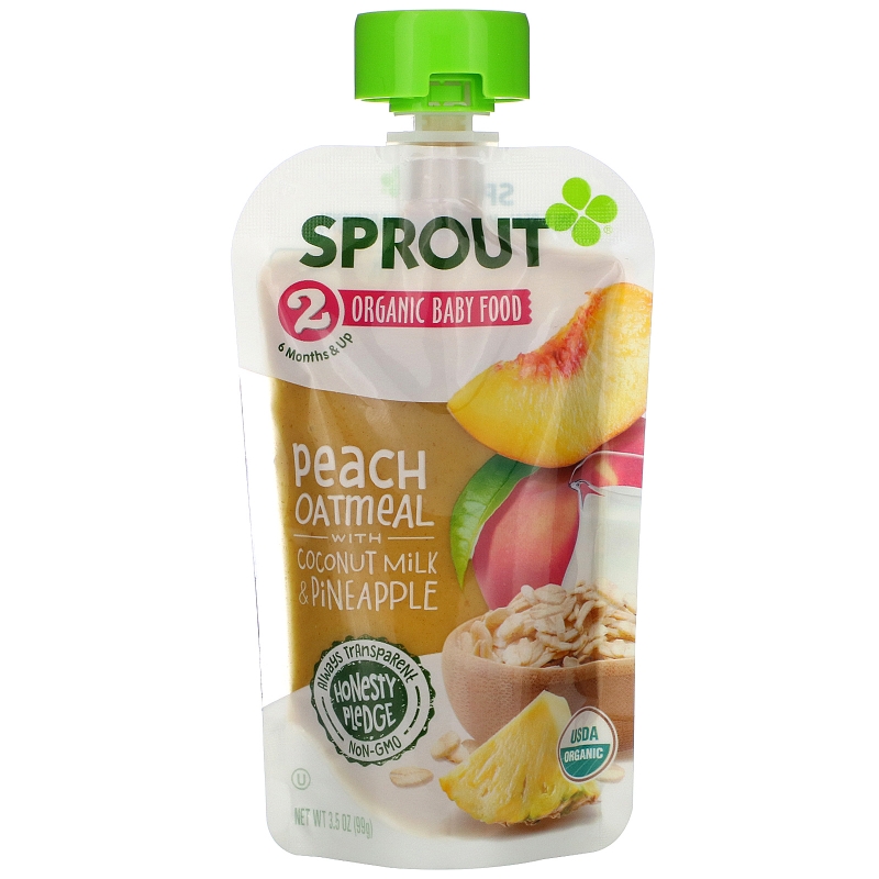 Sprout Organic, Baby Food, 6 Months & Up, Peach Oatmeal with Coconut Milk & Pineapple, 3.5 oz (99 g)