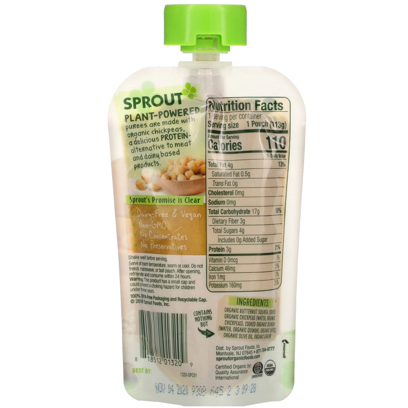 Sprout Organic, Детское питание, Этап 3, Мускатная тыква, нут, киноа, финики, 4 унц. (113 г)